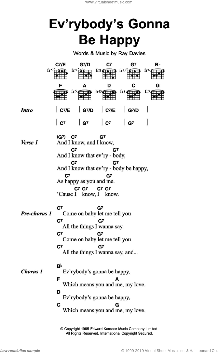 Ev'rybody's Gonna Be Happy sheet music for guitar (chords) by The Kinks and Ray Davies, intermediate skill level