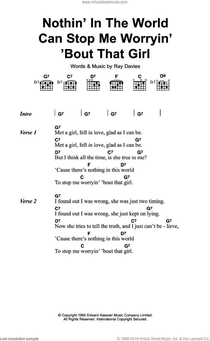 Nothin' In The World Can Stop Me Worryin' 'Bout That Girl sheet music for guitar (chords) by The Kinks and Ray Davies, intermediate skill level