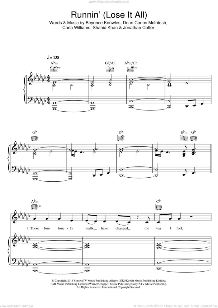 Runnin' (Lose It All) (featuring Beyonce and Arrow Benjamin) sheet music for voice, piano or guitar by Naughty Boy, Arrow Benjamin, Beyonce Knowles, Beyonce, Carla Williams, Dean Carlos McIntosh, Jonathan Coffer and Shahid Khan, intermediate skill level