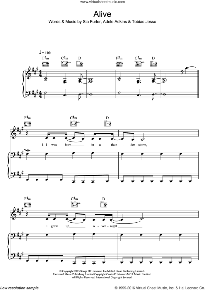 Alive sheet music for voice, piano or guitar by Sia, Adele Adkins, Sia Furler and Tobias Jesso, intermediate skill level