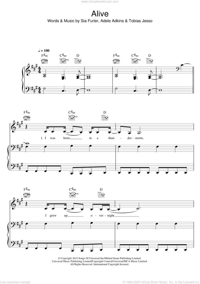 Alive sheet music for voice, piano or guitar by Sia, Adele Adkins, Sia Furler and Tobias Jesso, intermediate skill level