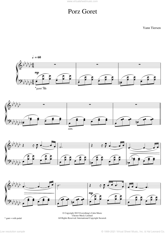 Porz Goret sheet music for piano solo by Yann Tiersen, classical score, intermediate skill level