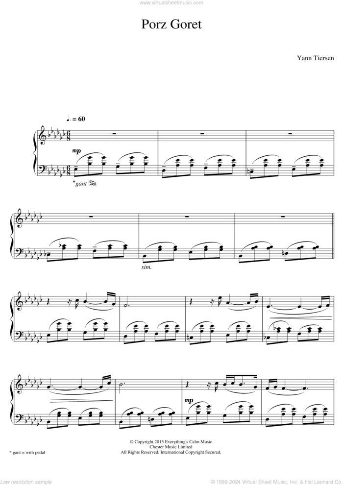 Porz Goret, (intermediate) sheet music for piano solo by Yann Tiersen, classical score, intermediate skill level