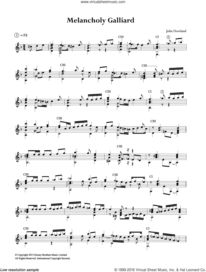 Melancholy Galliard sheet music for guitar solo (chords) by John Dowland, easy guitar (chords)