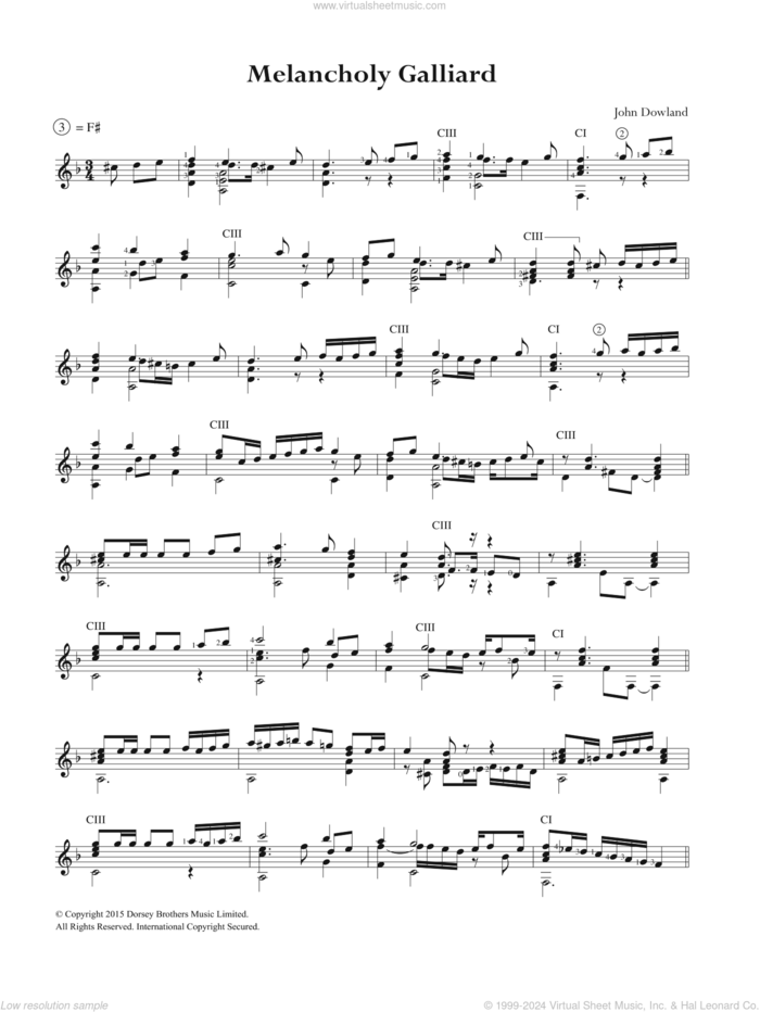 Melancholy Galliard sheet music for guitar solo (chords) by John Dowland, easy guitar (chords)