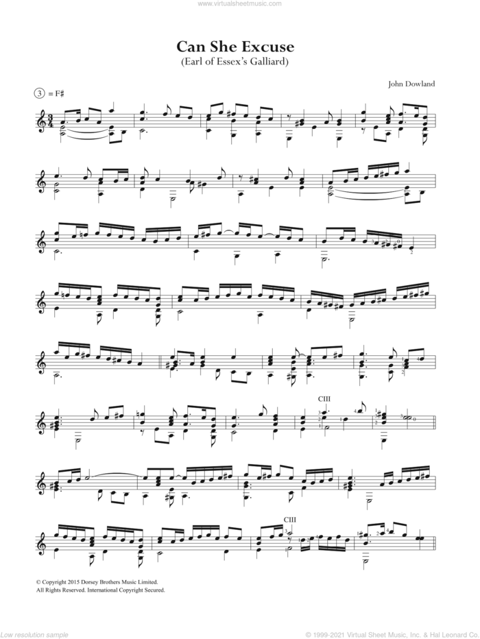 Can She Excuse sheet music for guitar solo (chords) by John Dowland, easy guitar (chords)