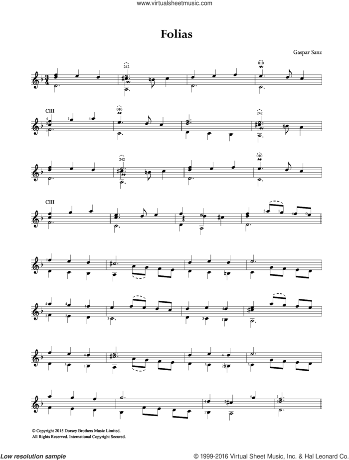 Folias sheet music for guitar solo (chords) by Gaspar Sanz, classical score, easy guitar (chords)