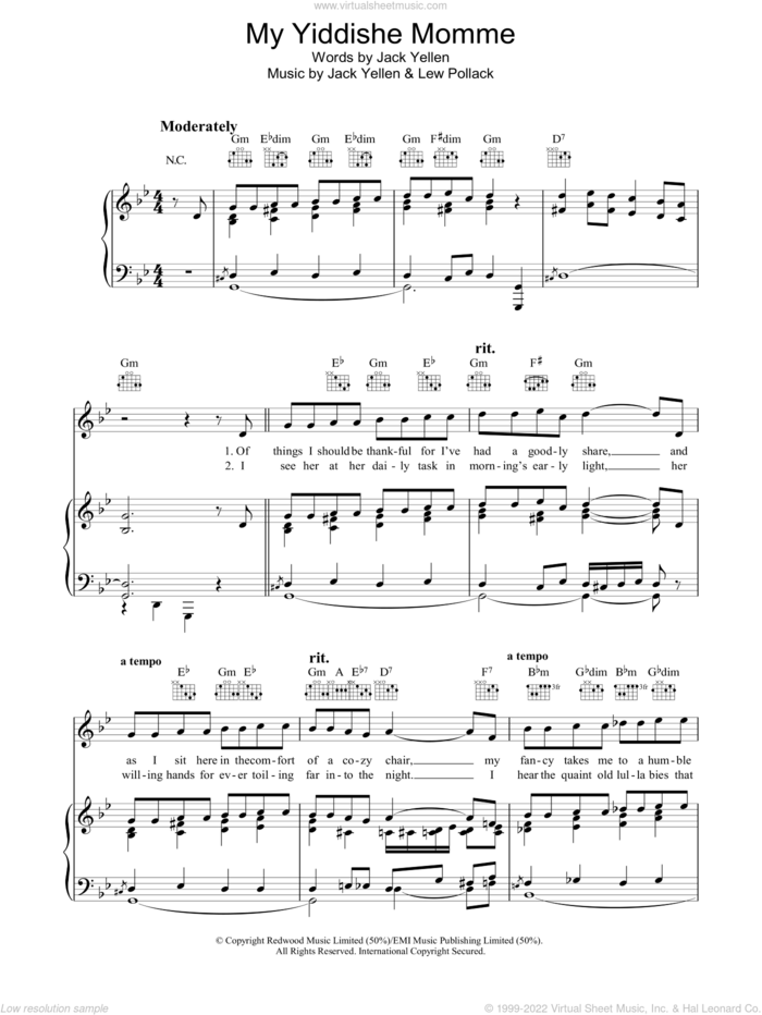 My Yiddishe Momme sheet music for voice, piano or guitar by Jack Yellen and Lew Pollack, intermediate skill level