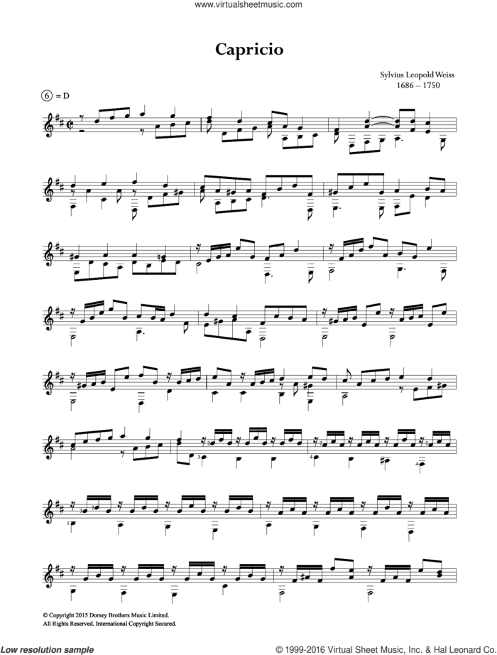 Capricio sheet music for guitar solo (chords) by Sylvius Leopold Weiss, classical score, easy guitar (chords)