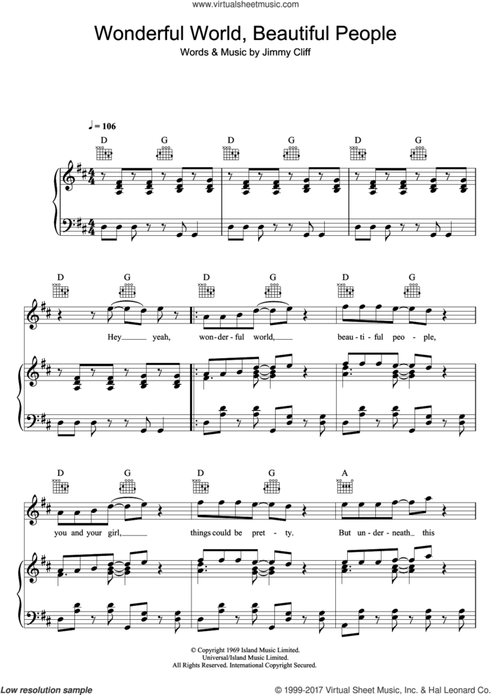 Wonderful World, Beautiful People sheet music for voice, piano or guitar by Jimmy Cliff, intermediate skill level