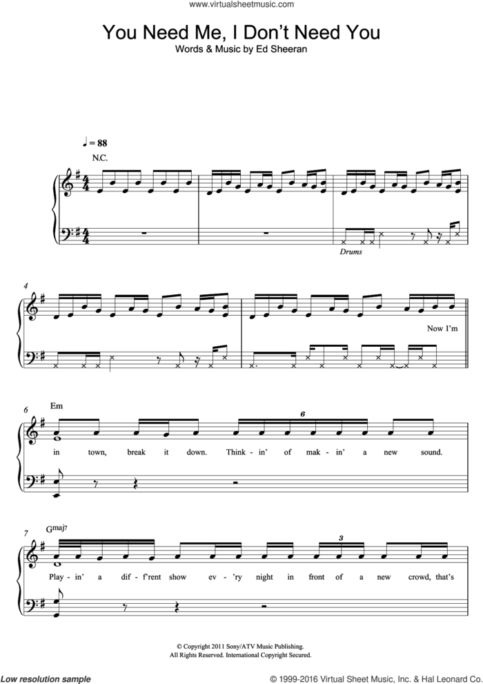 You Need Me, I Don't Need You sheet music for piano solo by Ed Sheeran, easy skill level