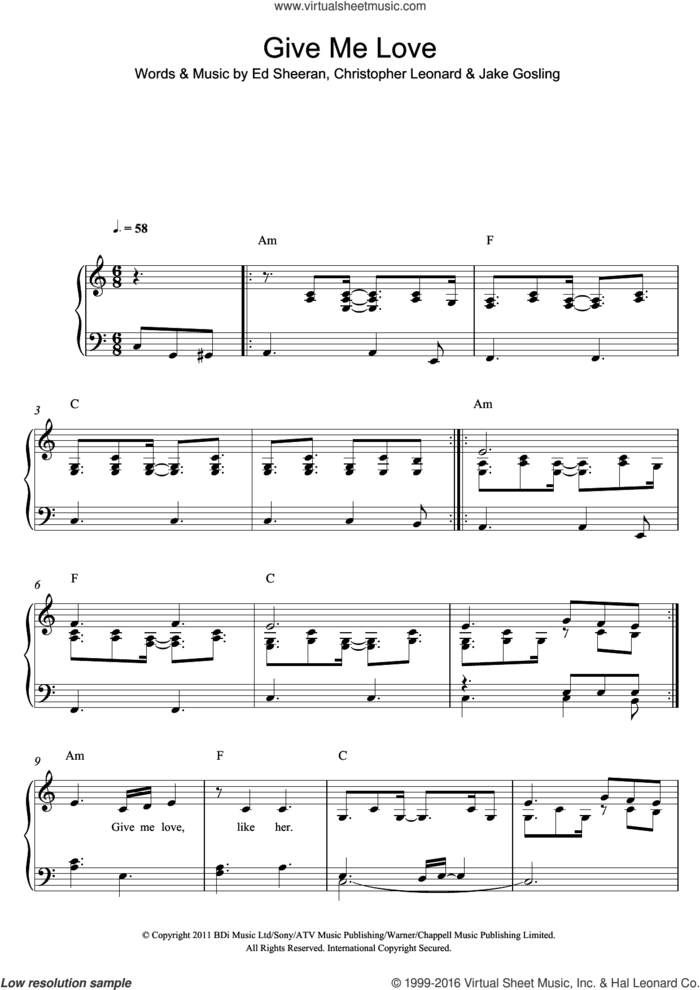 Give Me Love sheet music for piano solo by Ed Sheeran, Christopher Leonard and Jake Gosling, easy skill level