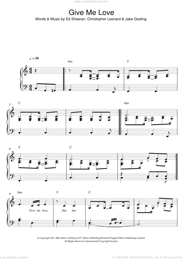 Give Me Love sheet music for piano solo by Ed Sheeran, Christopher Leonard and Jake Gosling, easy skill level