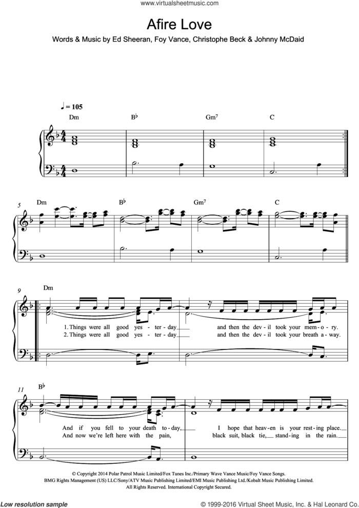 Afire Love sheet music for piano solo by Ed Sheeran, Christophe Beck, Foy Vance and Johnny McDaid, easy skill level