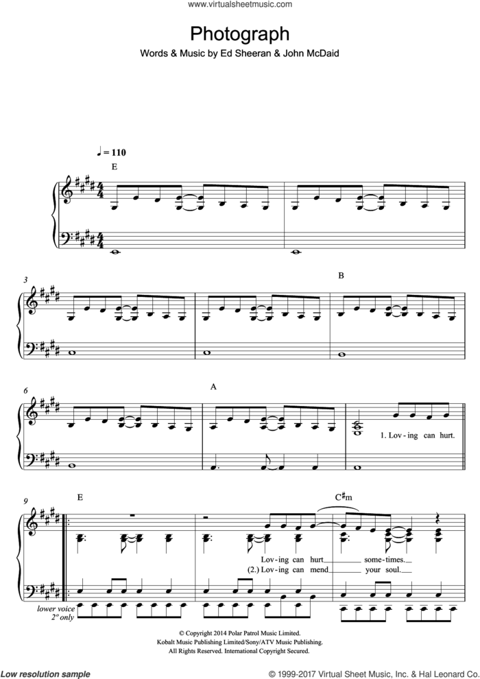 Photograph sheet music for piano solo by Ed Sheeran and John McDaid, easy skill level