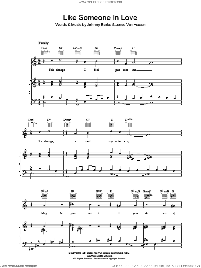 Like Someone In Love sheet music for voice, piano or guitar by Jimmy Van Heusen and John Burke, intermediate skill level