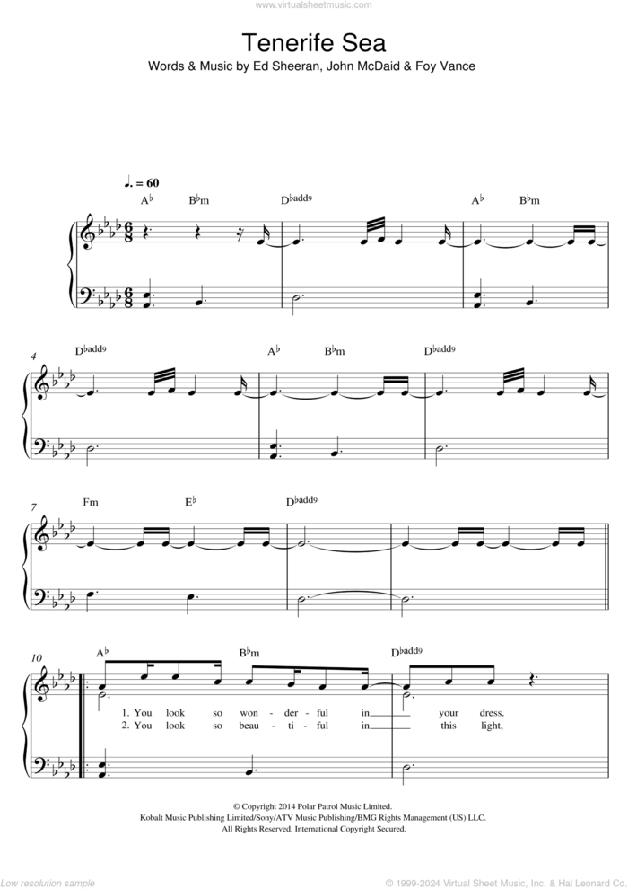 Tenerife Sea, (easy) sheet music for piano solo by Ed Sheeran, Foy Vance and John McDaid, easy skill level