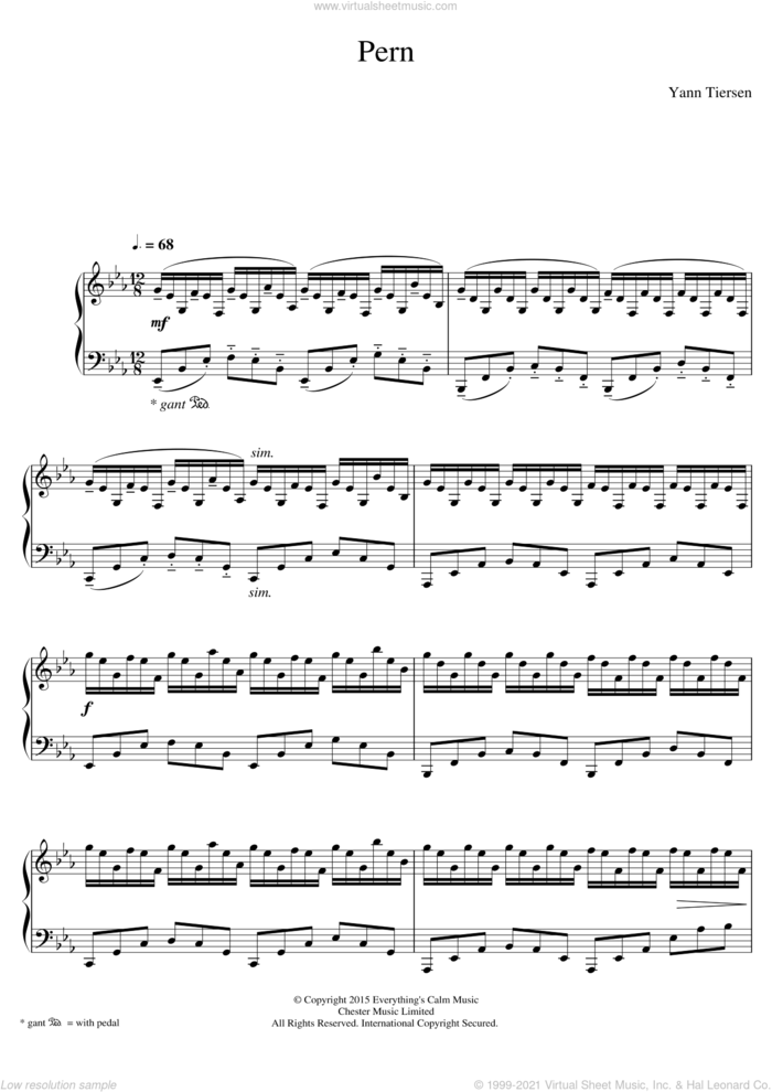 Pern sheet music for piano solo by Yann Tiersen, classical score, intermediate skill level