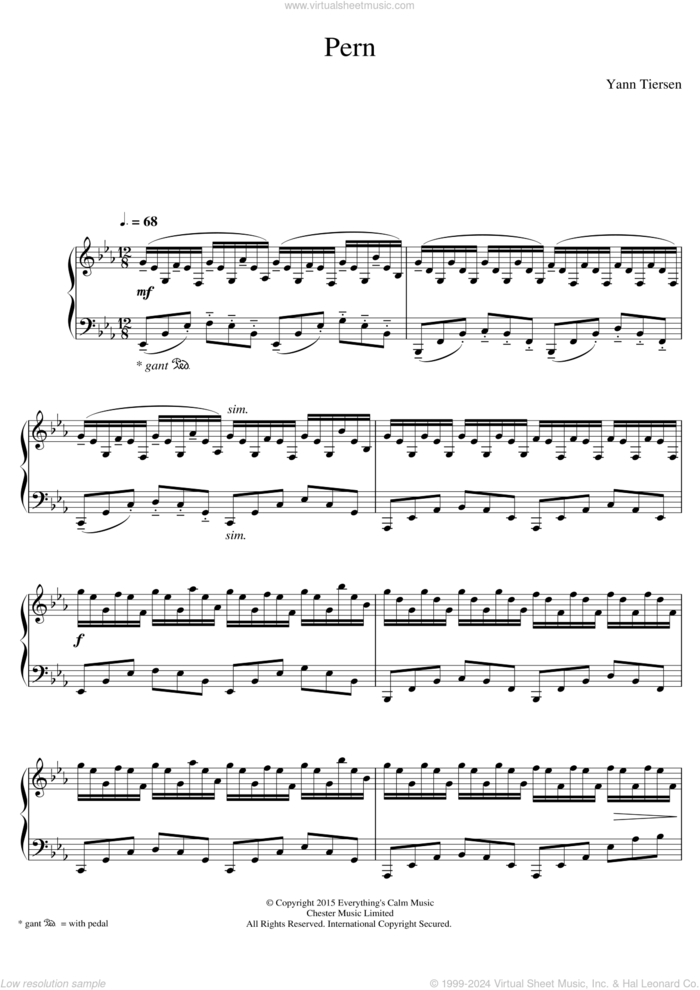 Pern sheet music for piano solo by Yann Tiersen, classical score, intermediate skill level