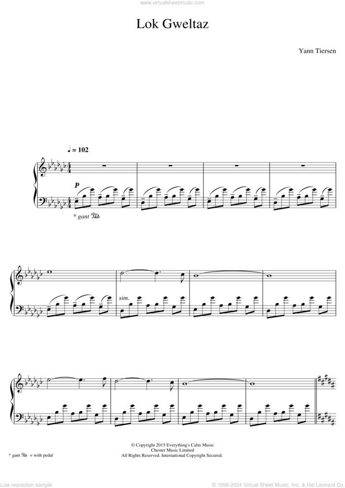 Lok Gweltaz sheet music for piano solo by Yann Tiersen, classical score, intermediate skill level