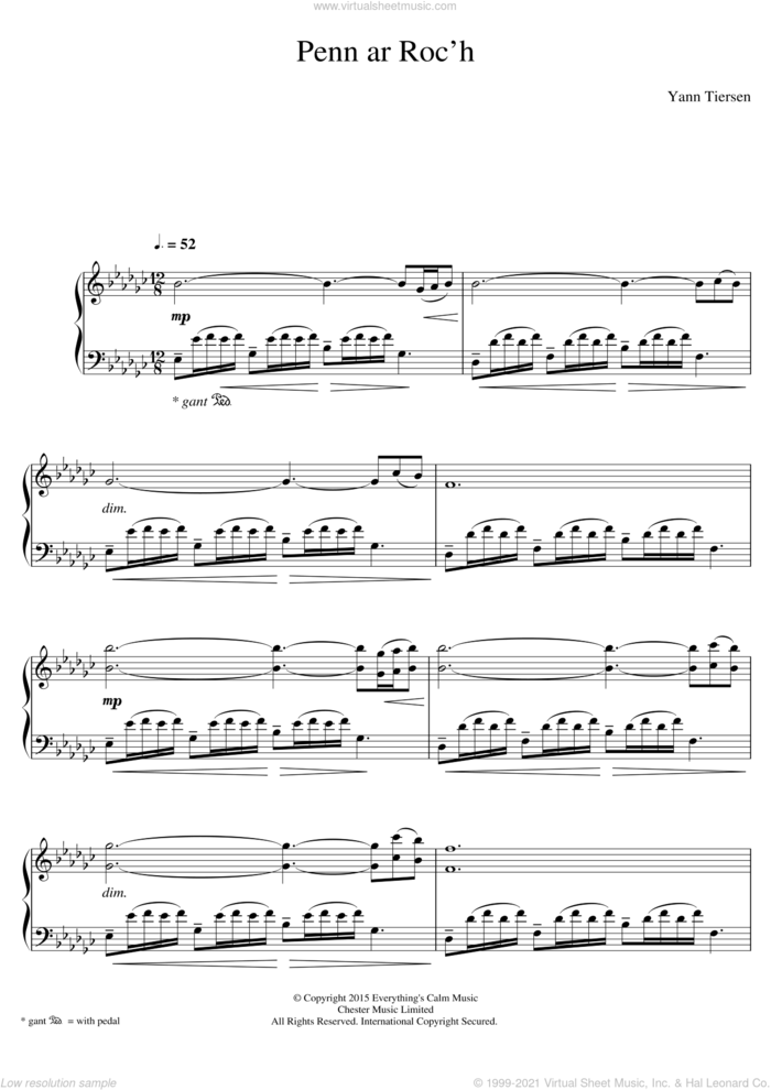 Penn Ar Roc'h sheet music for piano solo by Yann Tiersen, classical score, intermediate skill level