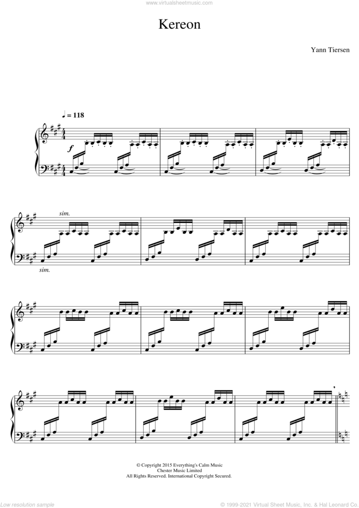 Kereon sheet music for piano solo by Yann Tiersen, classical score, intermediate skill level