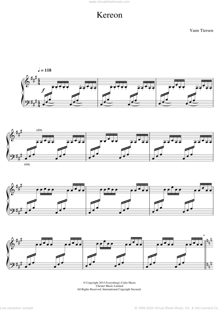 Kereon sheet music for piano solo by Yann Tiersen, classical score, intermediate skill level