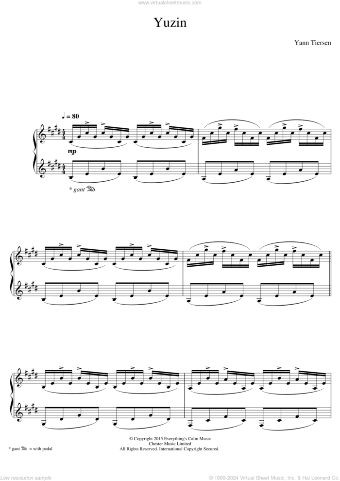 Yuzin sheet music for piano solo by Yann Tiersen, classical score, intermediate skill level