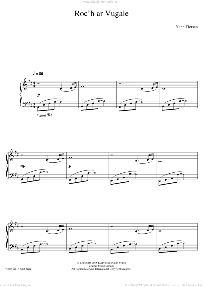 Roc'h Ar Vugale sheet music for piano solo by Yann Tiersen, classical score, intermediate skill level