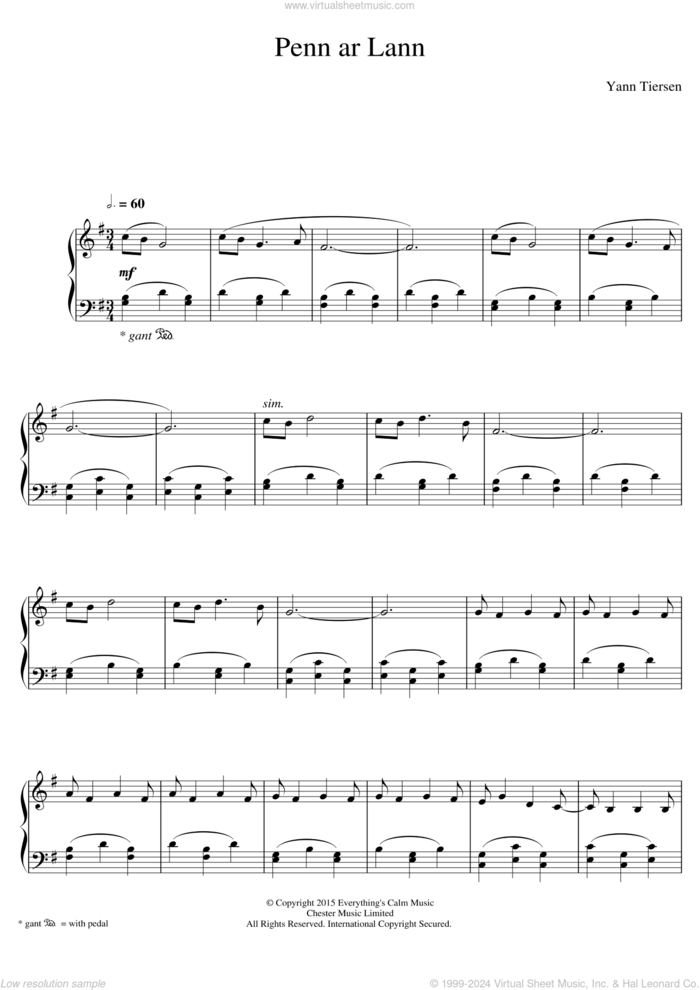 Penn Ar Lann sheet music for piano solo by Yann Tiersen, classical score, intermediate skill level