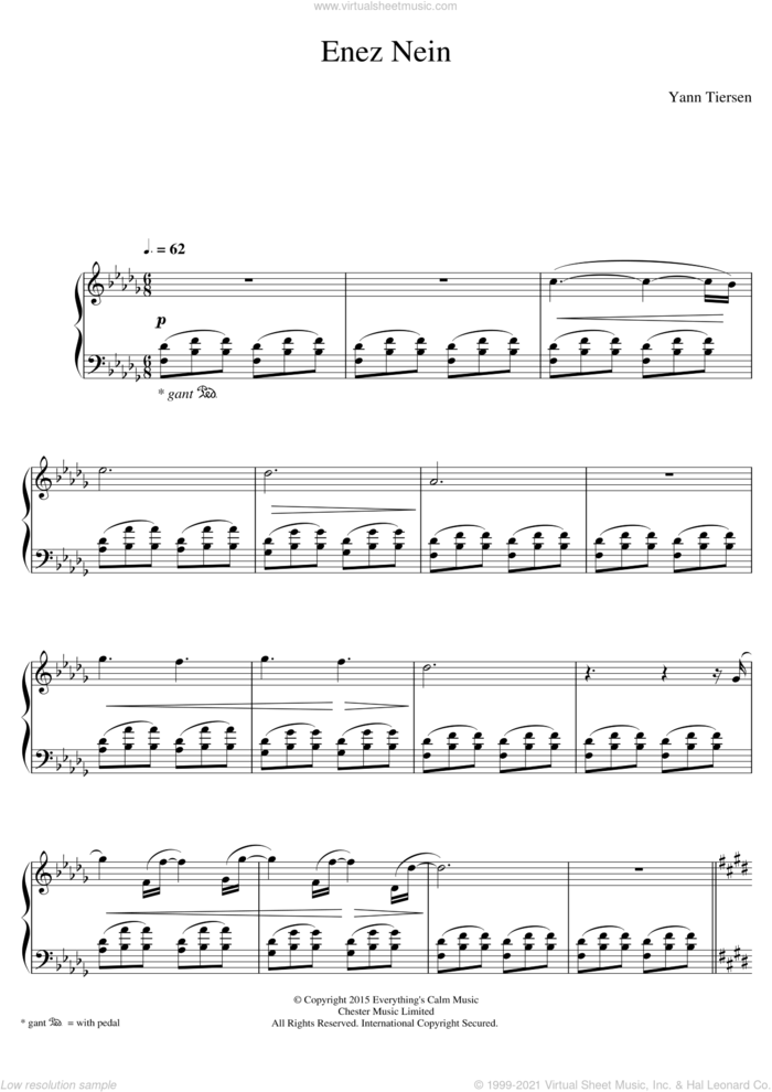Enez Nein sheet music for piano solo by Yann Tiersen, classical score, intermediate skill level