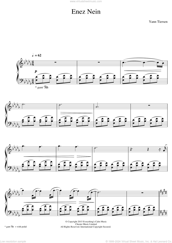 Enez Nein sheet music for piano solo by Yann Tiersen, classical score, intermediate skill level