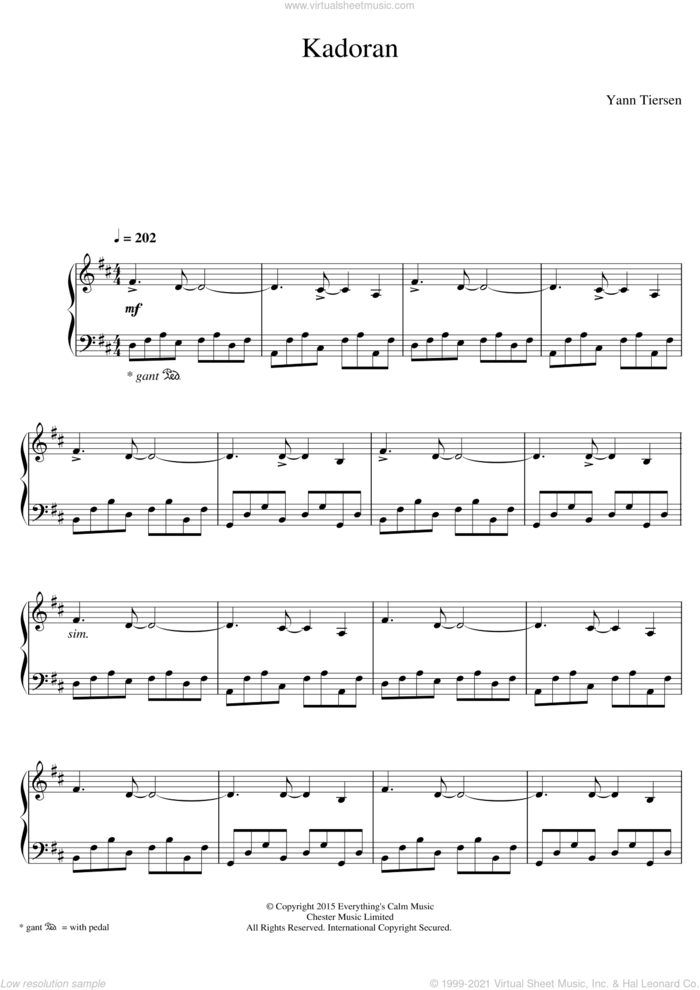 Kadoran sheet music for piano solo by Yann Tiersen, classical score, intermediate skill level