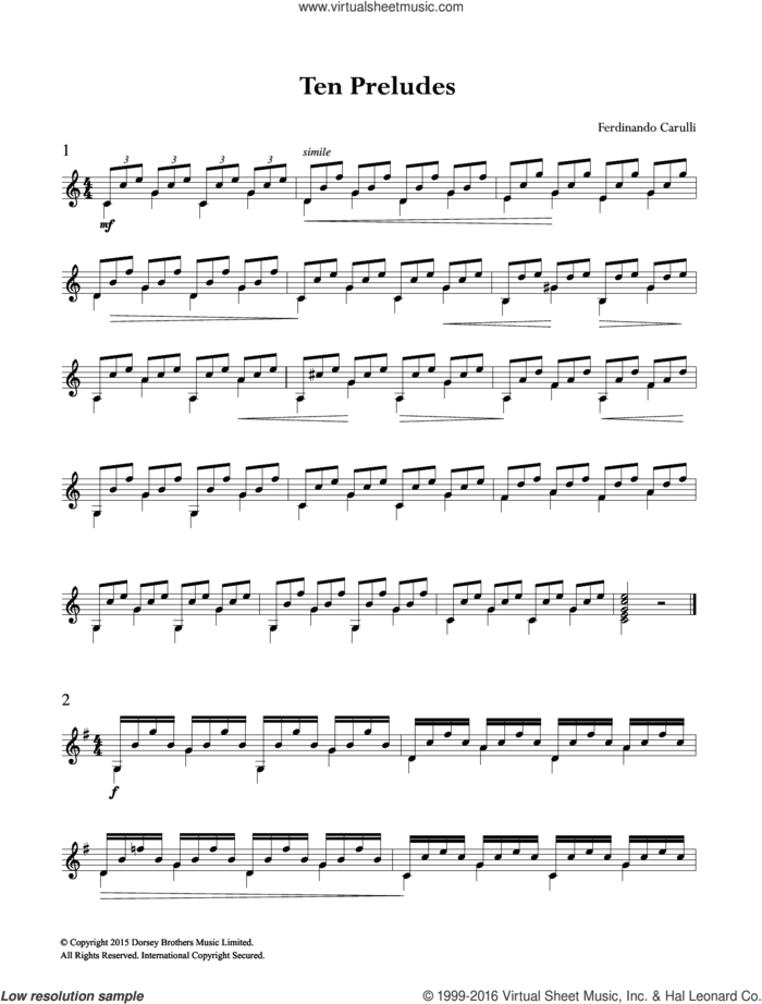 Ten Preludes sheet music for guitar solo (chords) by Ferdinando Carulli, classical score, easy guitar (chords)