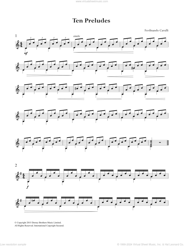 Ten Preludes sheet music for guitar solo (chords) by Ferdinando Carulli, classical score, easy guitar (chords)