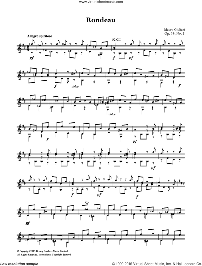 Rondeau sheet music for guitar solo (chords) by Mauro Giuliani, classical score, easy guitar (chords)