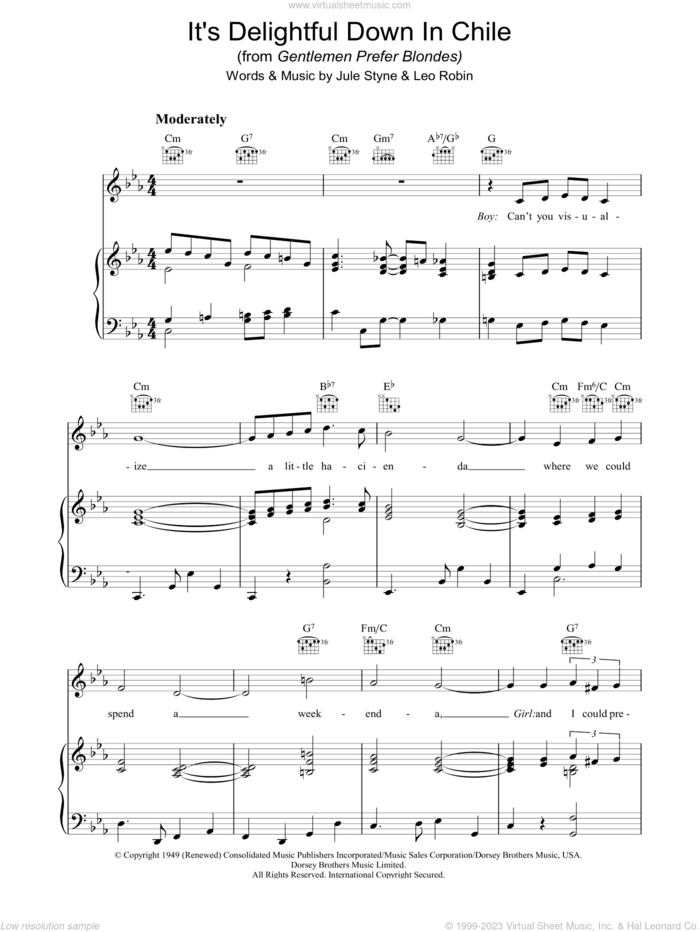 It's Delightful Down In Chile sheet music for voice, piano or guitar by Jule Styne and Leo Robin, intermediate skill level