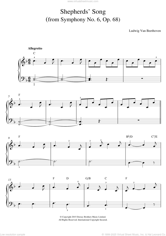 Shepherds' Song (from Symphony No. 6, Op. 68) sheet music for voice, piano or guitar by Ludwig van Beethoven, classical score, intermediate skill level