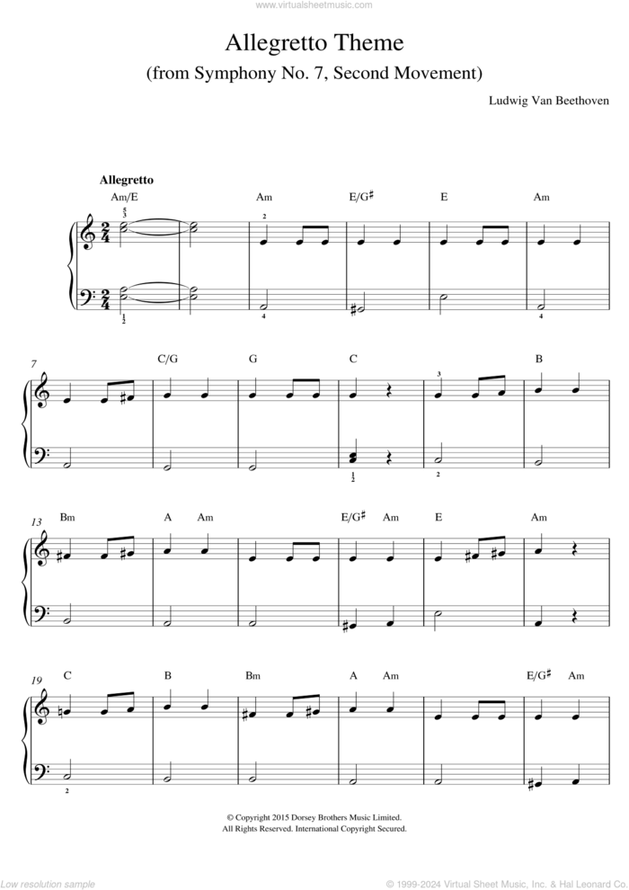 Allegretto Theme (from Symphony No. 7) sheet music for piano solo by Ludwig van Beethoven, classical score, easy skill level