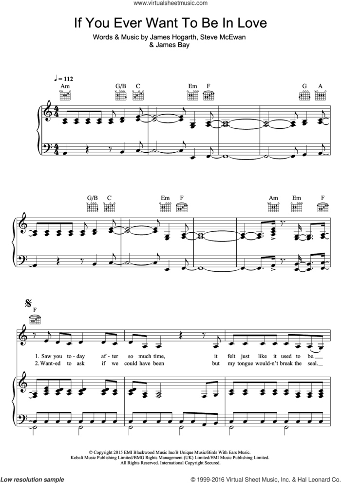 If You Ever Want To Be In Love sheet music for voice, piano or guitar by James Bay, James Hogarth and Steve McEwan, intermediate skill level