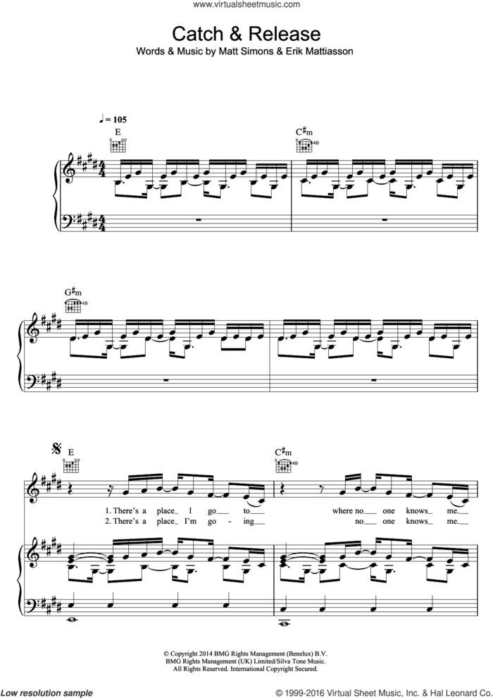 Catch and Release sheet music for voice, piano or guitar by Matt Simons and Erik Mattiasson, intermediate skill level