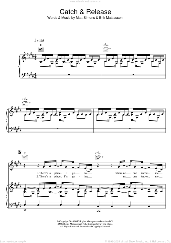 Catch and Release sheet music for voice, piano or guitar by Matt Simons and Erik Mattiasson, intermediate skill level