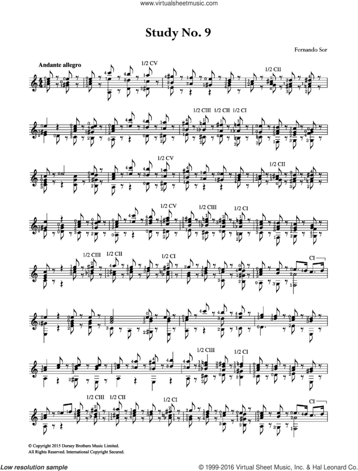 Study No. 9 sheet music for guitar solo (chords) by Fernando Sor, classical score, easy guitar (chords)