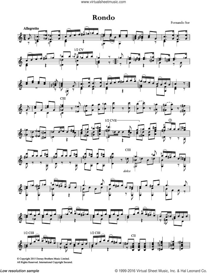 Rondo sheet music for guitar solo (chords) by Fernando Sor, classical score, easy guitar (chords)