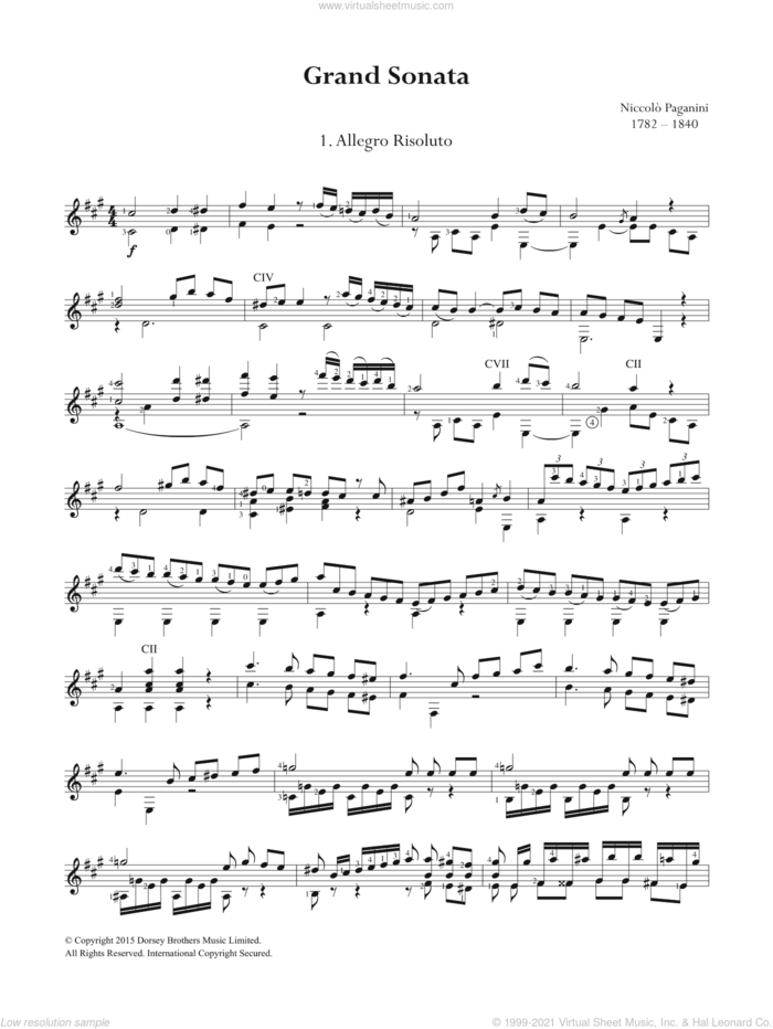 Grand Sonata sheet music for guitar solo (chords) by Nicolo Paganini, classical score, easy guitar (chords)