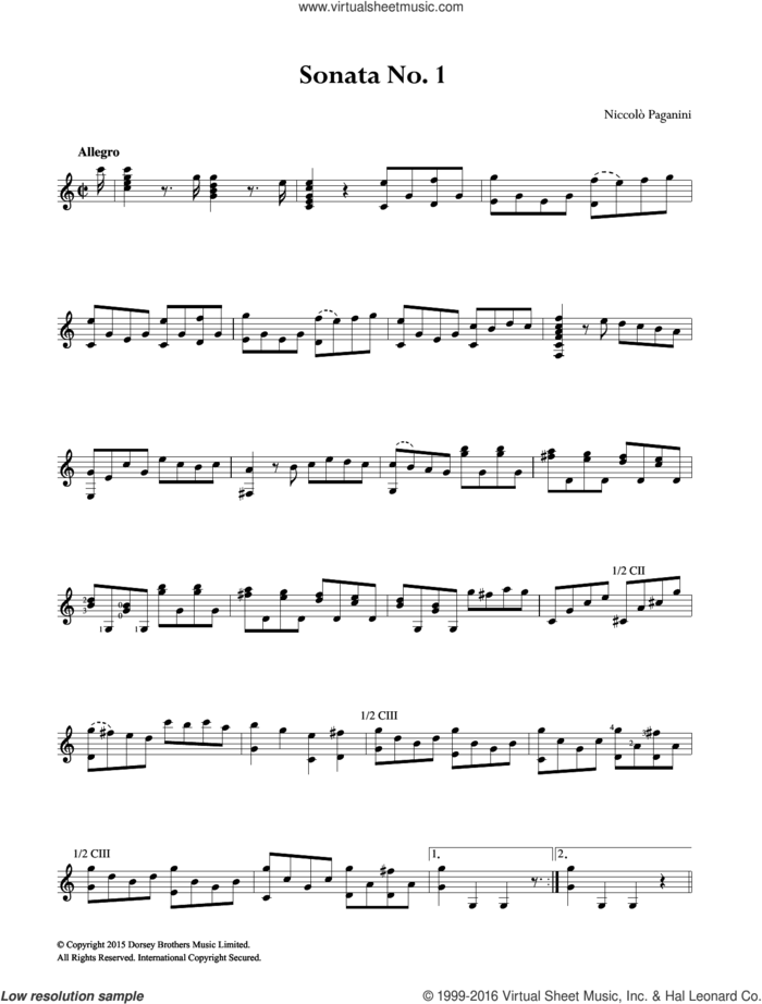 Sonata No. 1 sheet music for guitar solo (chords) by Nicolo Paganini, classical score, easy guitar (chords)