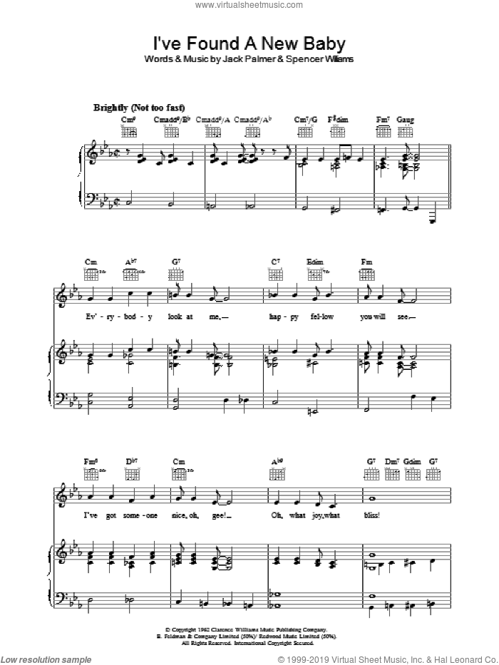 I've Found A New Baby sheet music for voice, piano or guitar by Spencer Williams and Jack Palmer, intermediate skill level