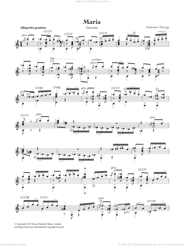 Maria, Gavotta sheet music for guitar solo (chords) by Francisco Tarrega, classical score, easy guitar (chords)