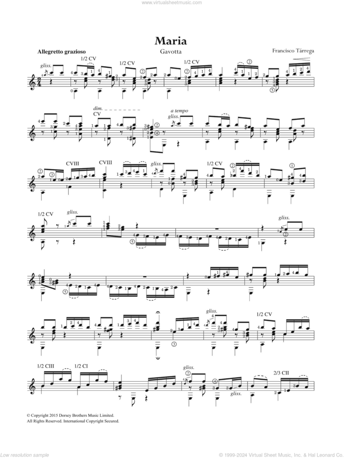 Maria, Gavotta sheet music for guitar solo (chords) by Francisco Tarrega, classical score, easy guitar (chords)