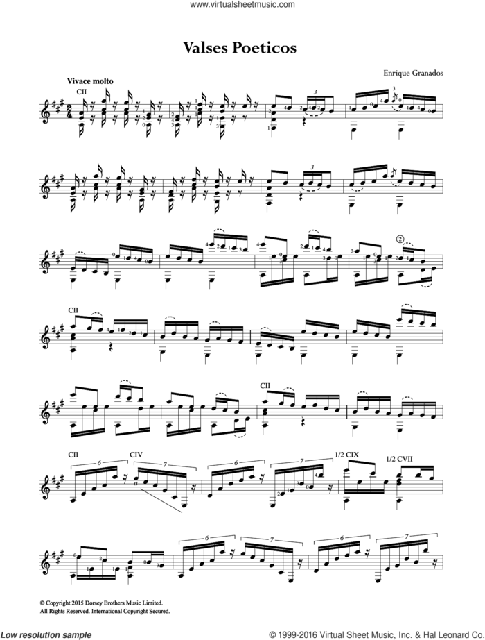 Valses Poeticos sheet music for guitar solo (chords) by Enrique Granados, classical score, easy guitar (chords)